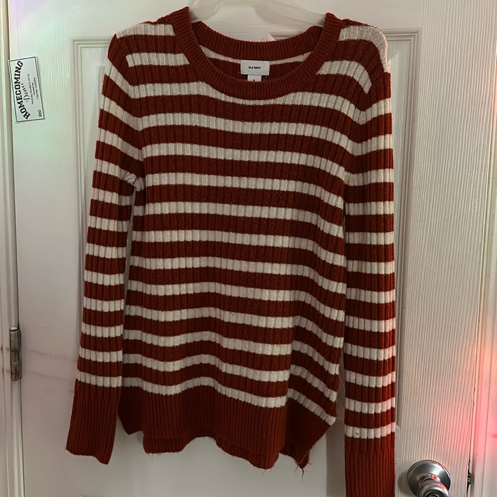 orange and white stripped sweater